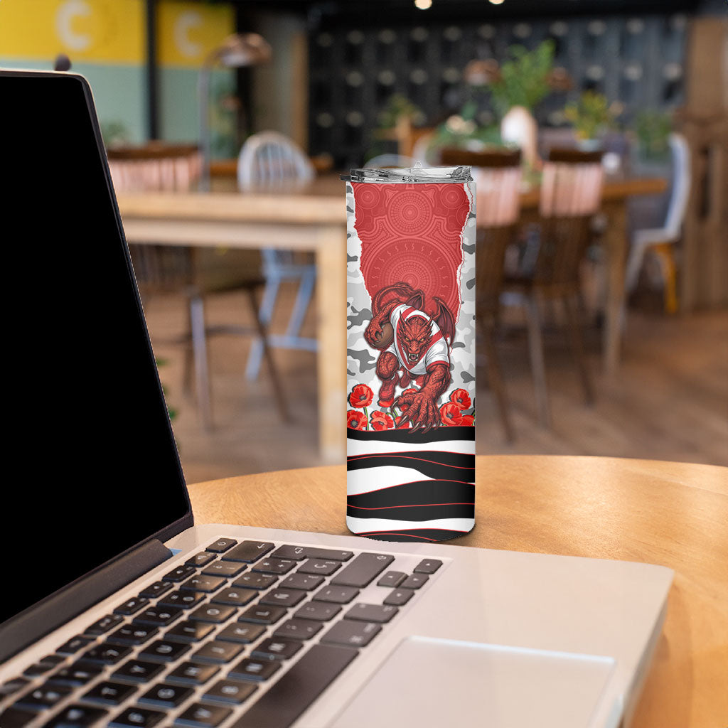 Personalized Dragons ANZAC Tribute Skinny Tumbler Poppy Field Soldier Silhouette Aboriginal Rugby Mascot