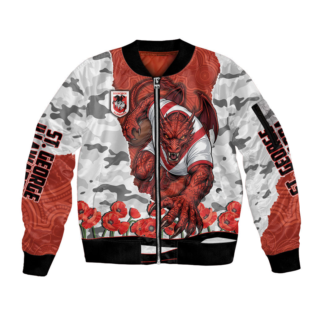 Personalized Dragons ANZAC Tribute Sleeve Zip Bomber Jacket Poppy Field Soldier Silhouette Aboriginal Rugby Mascot