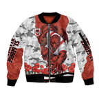 Personalized Dragons ANZAC Tribute Sleeve Zip Bomber Jacket Poppy Field Soldier Silhouette Aboriginal Rugby Mascot