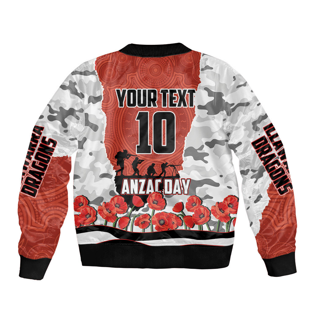 Personalized Dragons ANZAC Tribute Sleeve Zip Bomber Jacket Poppy Field Soldier Silhouette Aboriginal Rugby Mascot