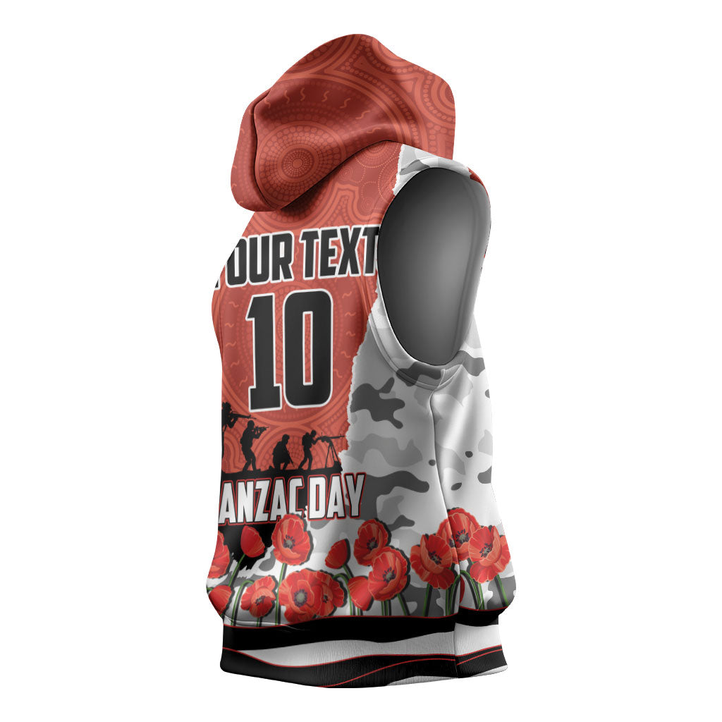 Personalized Dragons ANZAC Tribute Sleeveless Hoodie Poppy Field Soldier Silhouette Aboriginal Rugby Mascot
