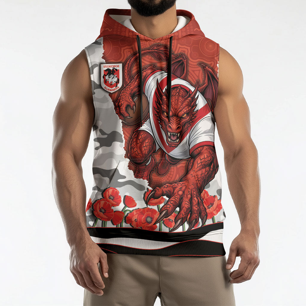 Personalized Dragons ANZAC Tribute Sleeveless Hoodie Poppy Field Soldier Silhouette Aboriginal Rugby Mascot