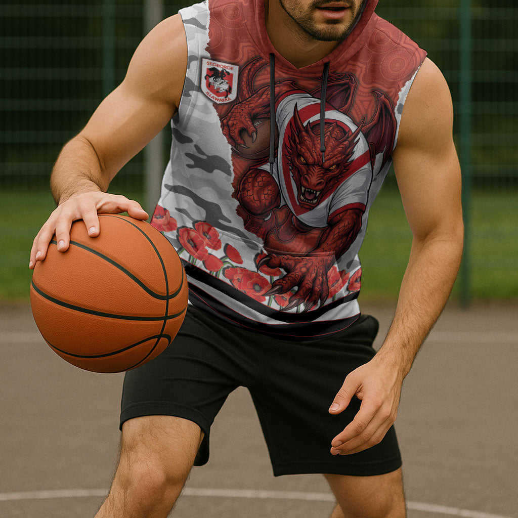 Personalized Dragons ANZAC Tribute Sleeveless Hoodie Poppy Field Soldier Silhouette Aboriginal Rugby Mascot