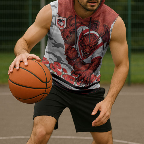Personalized Dragons ANZAC Tribute Sleeveless Hoodie Poppy Field Soldier Silhouette Aboriginal Rugby Mascot