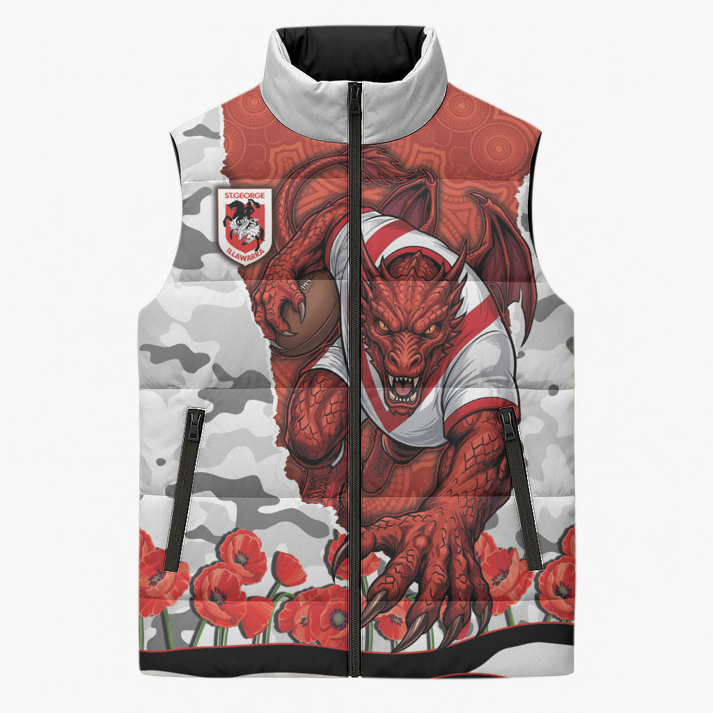 Personalized Dragons ANZAC Tribute Sleeveless Puffer Jacket Poppy Field Soldier Silhouette Aboriginal Rugby Mascot
