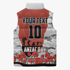 Personalized Dragons ANZAC Tribute Sleeveless Puffer Jacket Poppy Field Soldier Silhouette Aboriginal Rugby Mascot