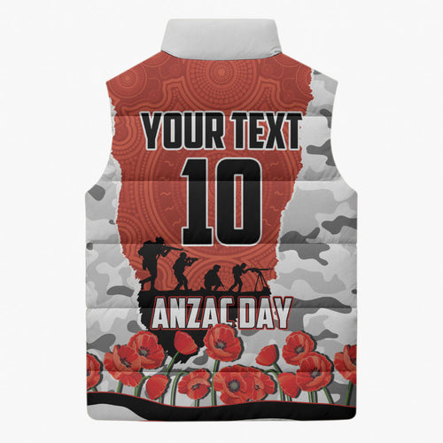 Personalized Dragons ANZAC Tribute Sleeveless Puffer Jacket Poppy Field Soldier Silhouette Aboriginal Rugby Mascot
