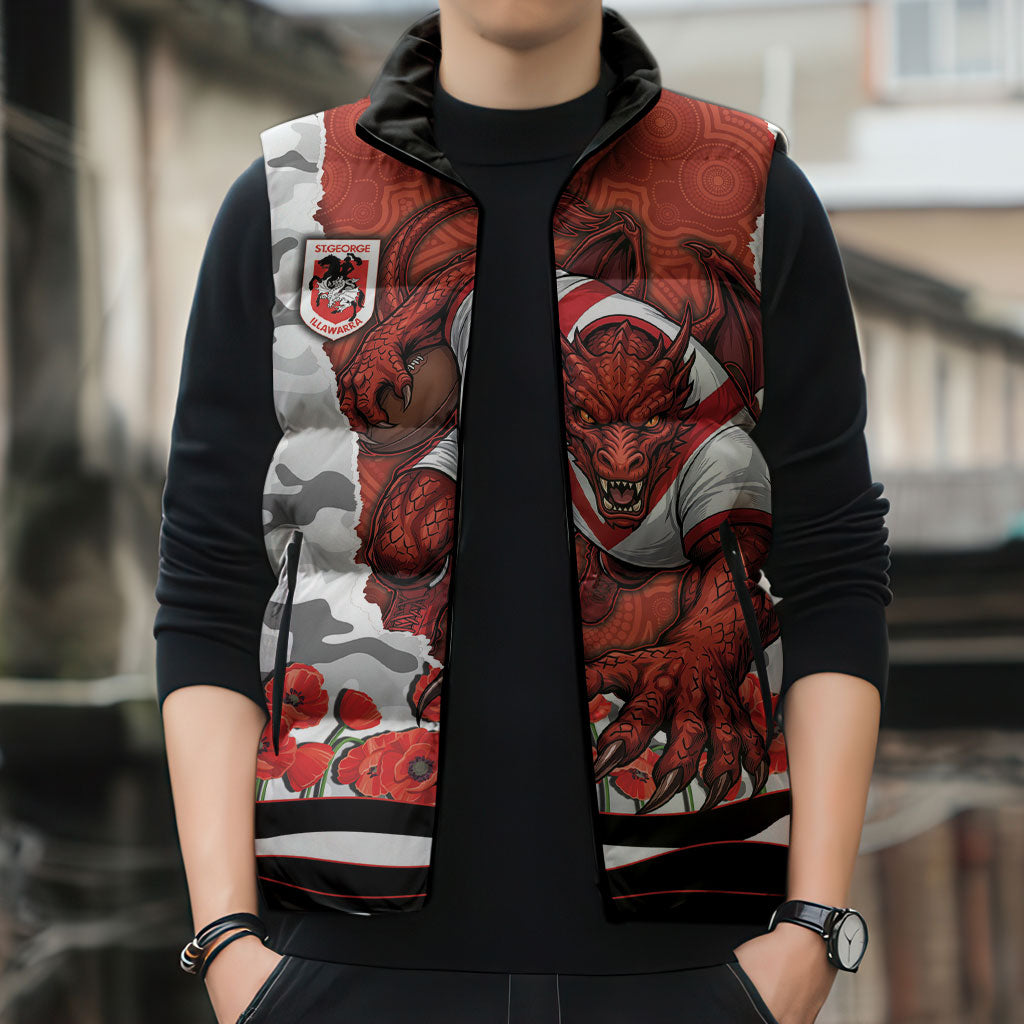 Personalized Dragons ANZAC Tribute Sleeveless Puffer Jacket Poppy Field Soldier Silhouette Aboriginal Rugby Mascot