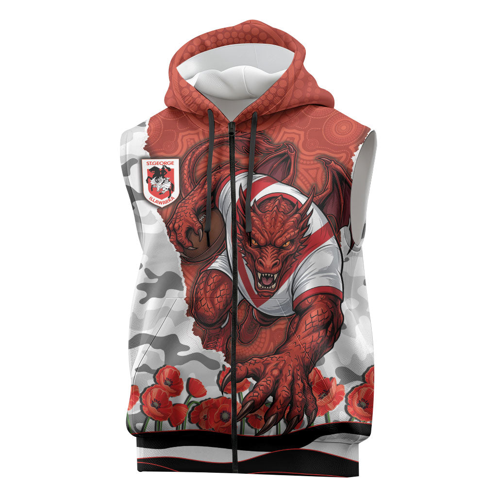 Personalized Dragons ANZAC Tribute Sleeveless Zip Hoodie Poppy Field Soldier Silhouette Aboriginal Rugby Mascot