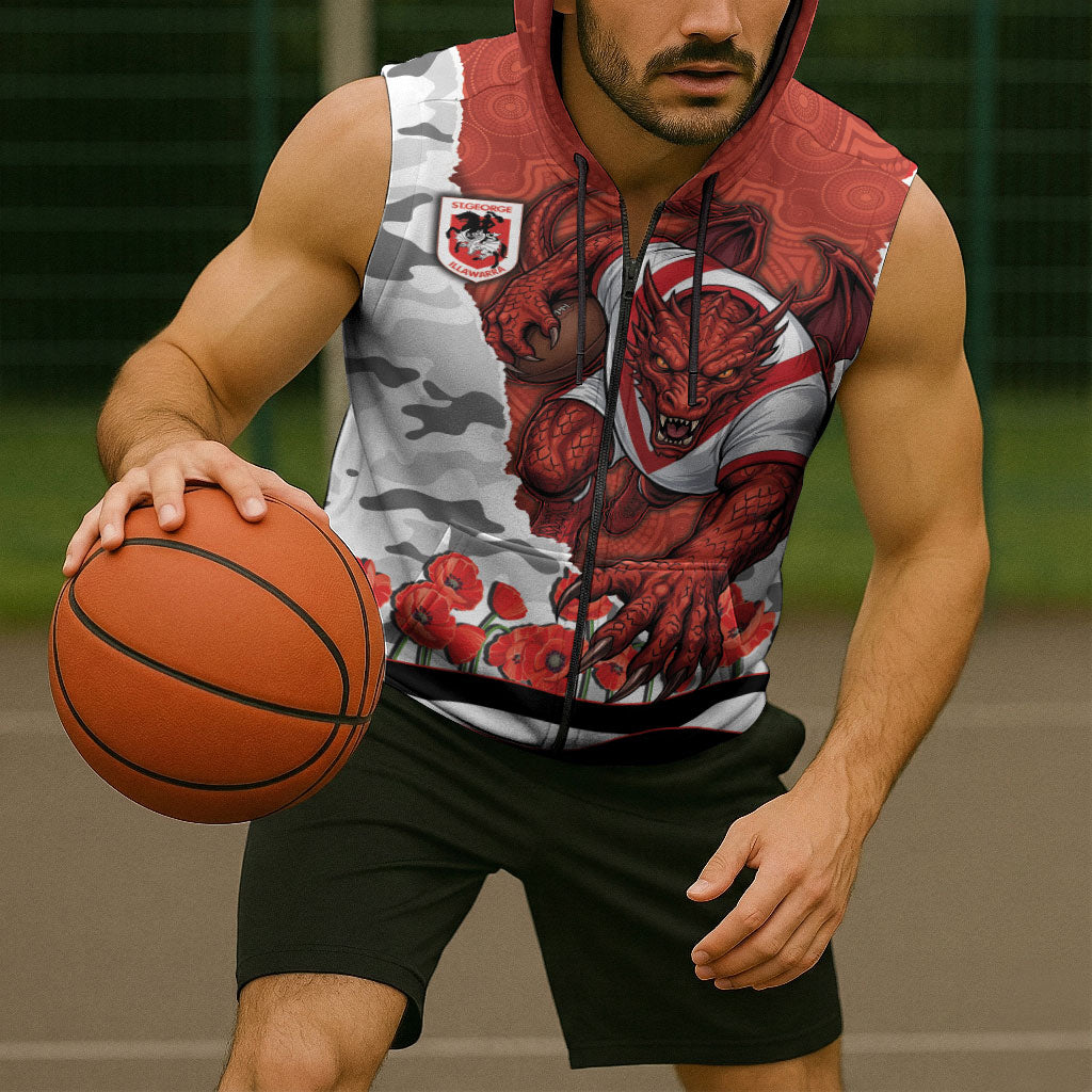 Personalized Dragons ANZAC Tribute Sleeveless Zip Hoodie Poppy Field Soldier Silhouette Aboriginal Rugby Mascot