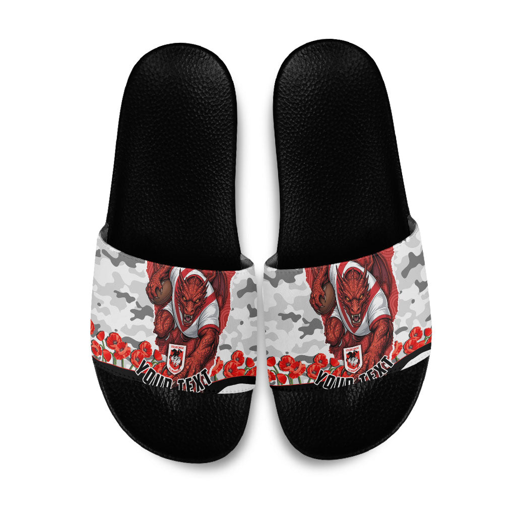 Personalized Dragons ANZAC Tribute Slide Sandals Poppy Field Soldier Silhouette Aboriginal Rugby Mascot