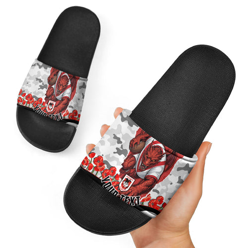 Personalized Dragons ANZAC Tribute Slide Sandals Poppy Field Soldier Silhouette Aboriginal Rugby Mascot