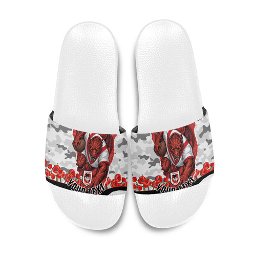 Personalized Dragons ANZAC Tribute Slide Sandals Poppy Field Soldier Silhouette Aboriginal Rugby Mascot