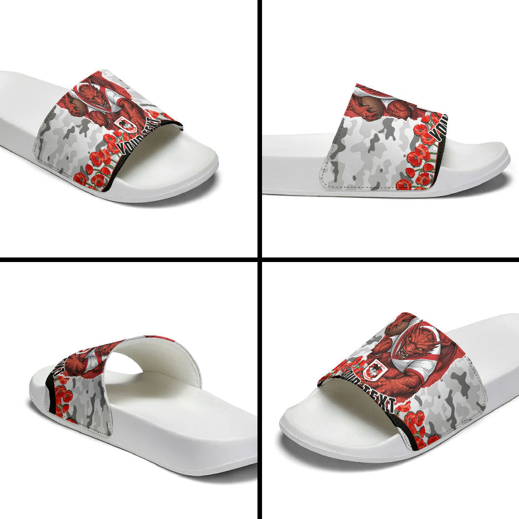 Personalized Dragons ANZAC Tribute Slide Sandals Poppy Field Soldier Silhouette Aboriginal Rugby Mascot