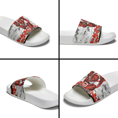 Personalized Dragons ANZAC Tribute Slide Sandals Poppy Field Soldier Silhouette Aboriginal Rugby Mascot