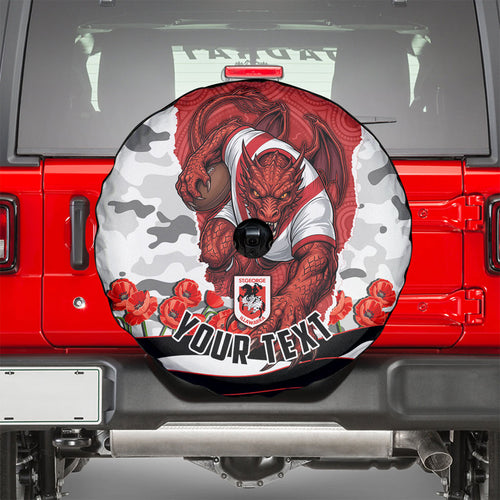 Personalized Dragons ANZAC Tribute Spare Tire Cover Poppy Field Soldier Silhouette Aboriginal Rugby Mascot