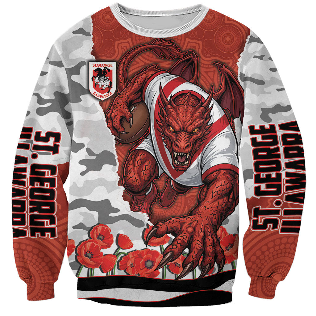 Personalized Dragons ANZAC Tribute Sweatshirt Poppy Field Soldier Silhouette Aboriginal Rugby Mascot