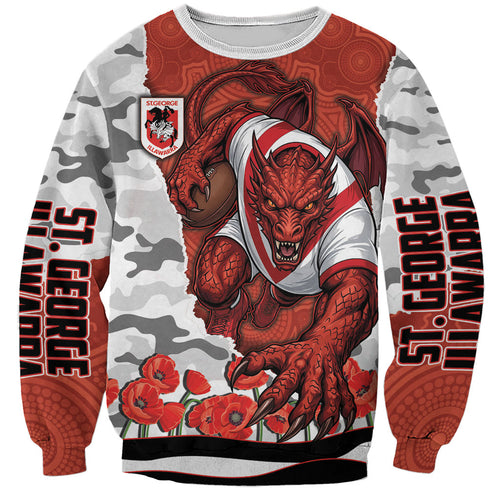 Personalized Dragons ANZAC Tribute Sweatshirt Poppy Field Soldier Silhouette Aboriginal Rugby Mascot