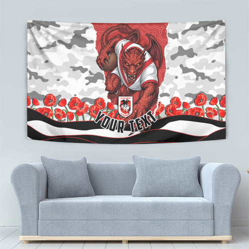 Personalized Dragons ANZAC Tribute Tapestry Poppy Field Soldier Silhouette Aboriginal Rugby Mascot