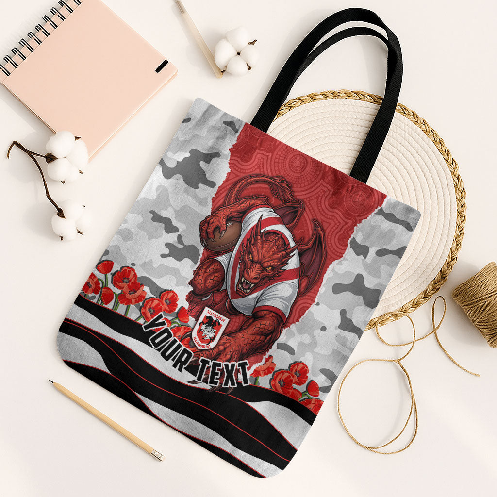 Personalized Dragons ANZAC Tribute Tote Bag Poppy Field Soldier Silhouette Aboriginal Rugby Mascot