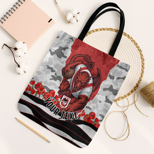 Personalized Dragons ANZAC Tribute Tote Bag Poppy Field Soldier Silhouette Aboriginal Rugby Mascot