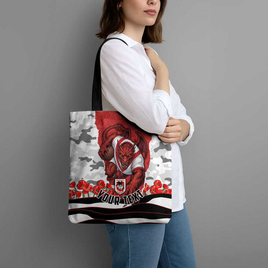 Personalized Dragons ANZAC Tribute Tote Bag Poppy Field Soldier Silhouette Aboriginal Rugby Mascot