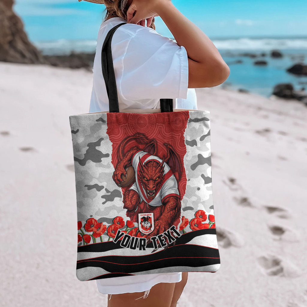 Personalized Dragons ANZAC Tribute Tote Bag Poppy Field Soldier Silhouette Aboriginal Rugby Mascot