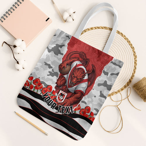 Personalized Dragons ANZAC Tribute Tote Bag Poppy Field Soldier Silhouette Aboriginal Rugby Mascot