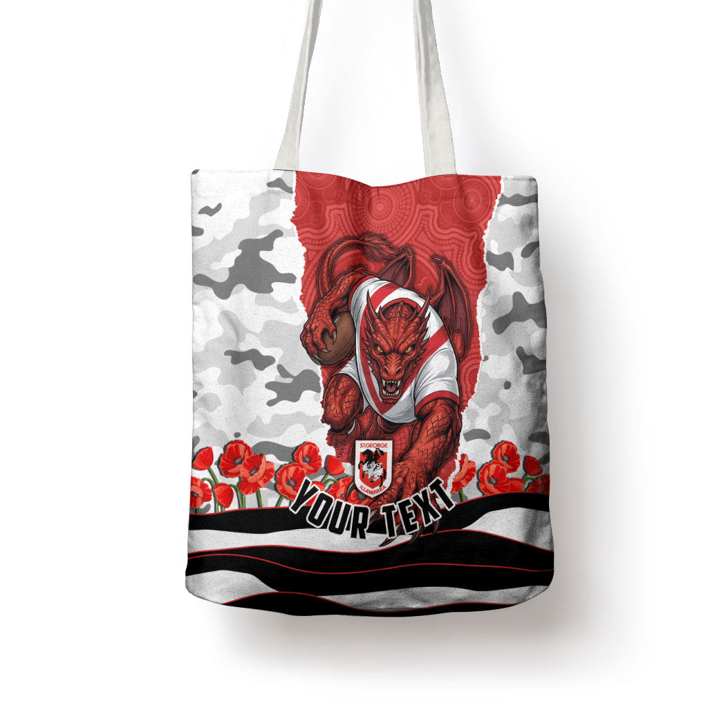 Personalized Dragons ANZAC Tribute Tote Bag Poppy Field Soldier Silhouette Aboriginal Rugby Mascot