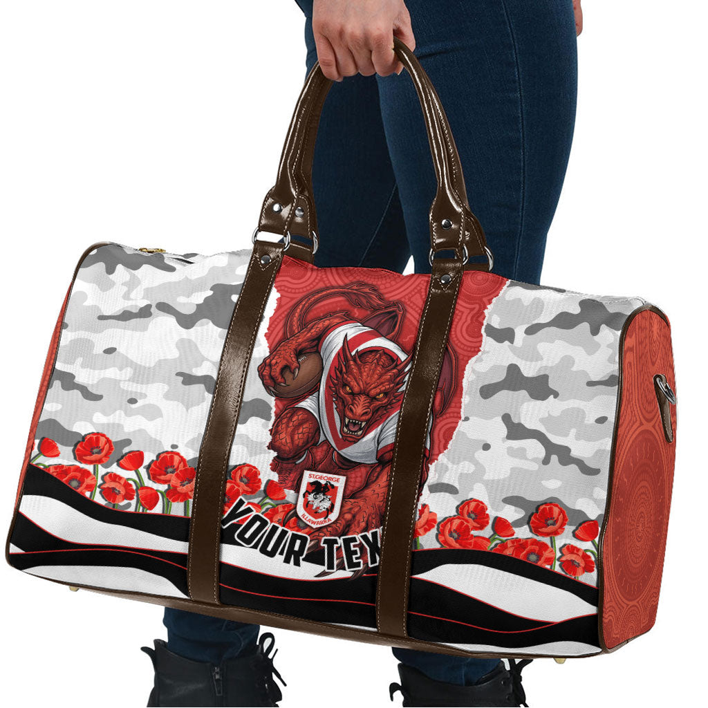 Personalized Dragons ANZAC Tribute Travel Bag Poppy Field Soldier Silhouette Aboriginal Rugby Mascot