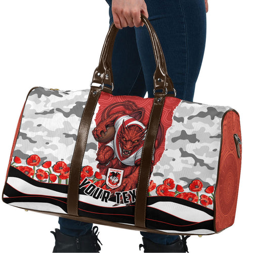 Personalized Dragons ANZAC Tribute Travel Bag Poppy Field Soldier Silhouette Aboriginal Rugby Mascot
