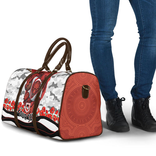 Personalized Dragons ANZAC Tribute Travel Bag Poppy Field Soldier Silhouette Aboriginal Rugby Mascot