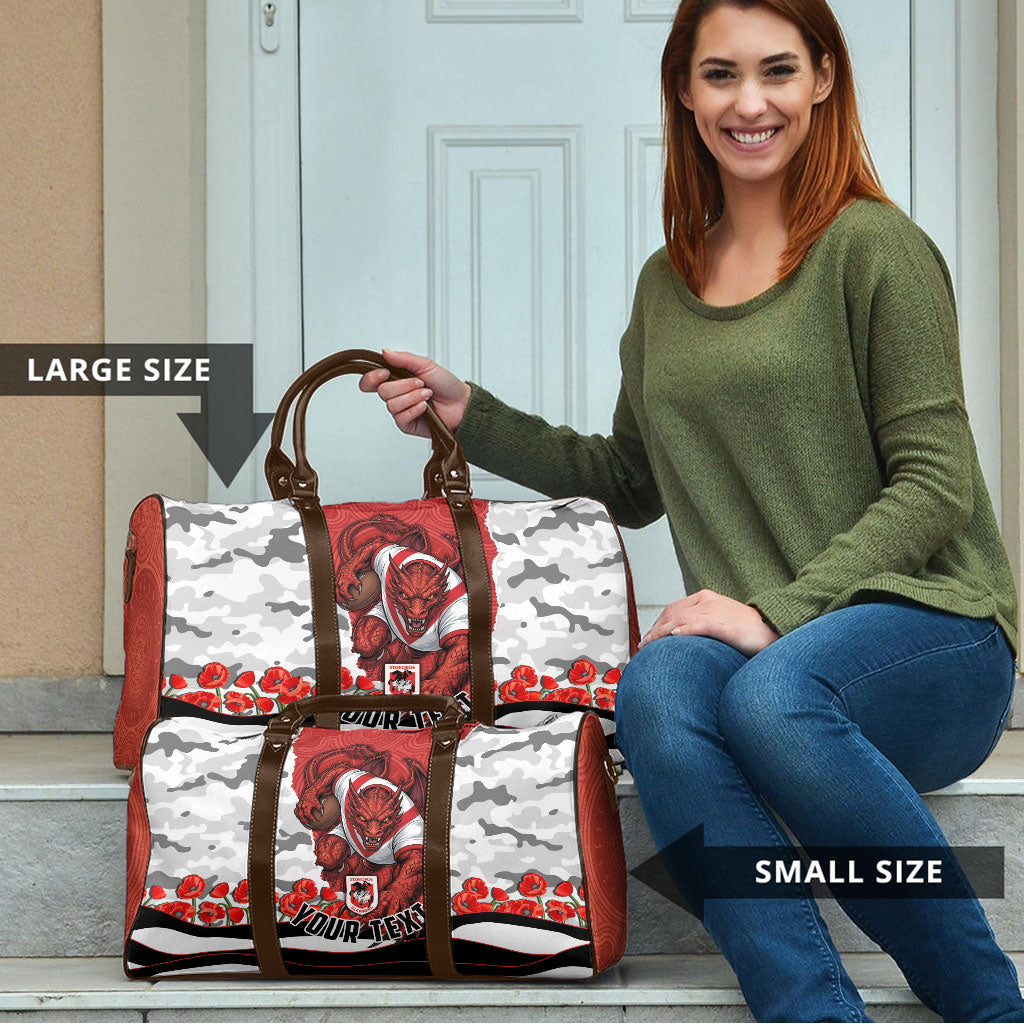 Personalized Dragons ANZAC Tribute Travel Bag Poppy Field Soldier Silhouette Aboriginal Rugby Mascot