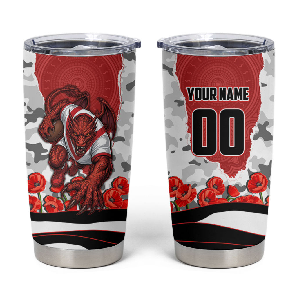 Personalized Dragons ANZAC Tribute Tumbler Cup Poppy Field Soldier Silhouette Aboriginal Rugby Mascot