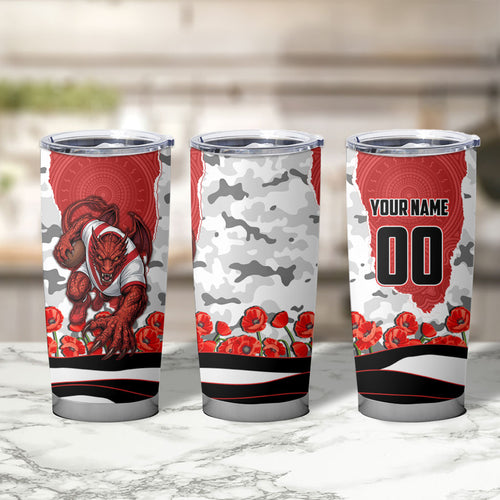 Personalized Dragons ANZAC Tribute Tumbler Cup Poppy Field Soldier Silhouette Aboriginal Rugby Mascot