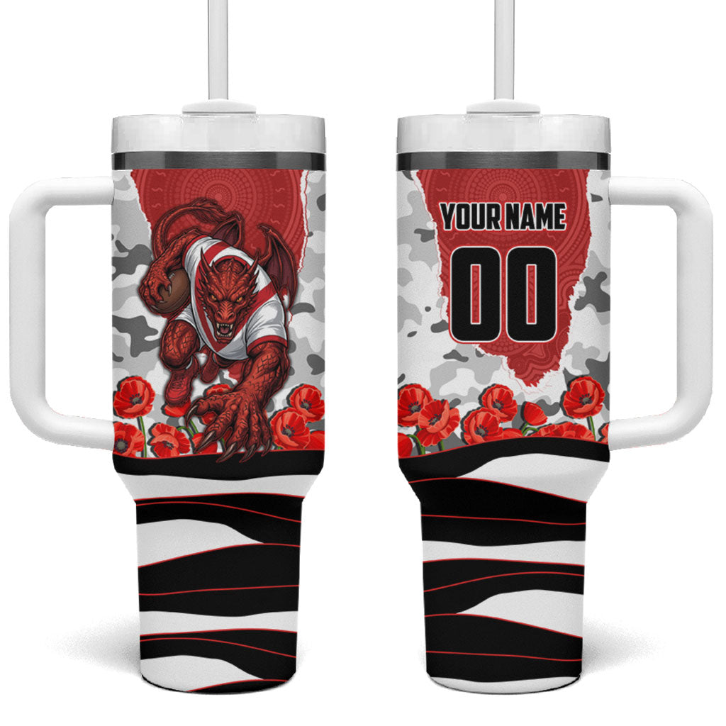Personalized Dragons ANZAC Tribute Tumbler With Handle Poppy Field Soldier Silhouette Aboriginal Rugby Mascot