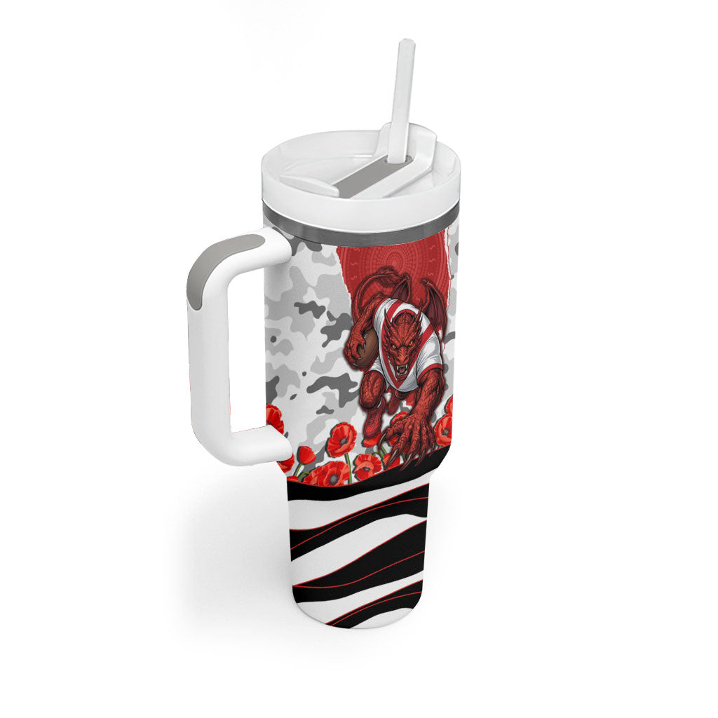 Personalized Dragons ANZAC Tribute Tumbler With Handle Poppy Field Soldier Silhouette Aboriginal Rugby Mascot