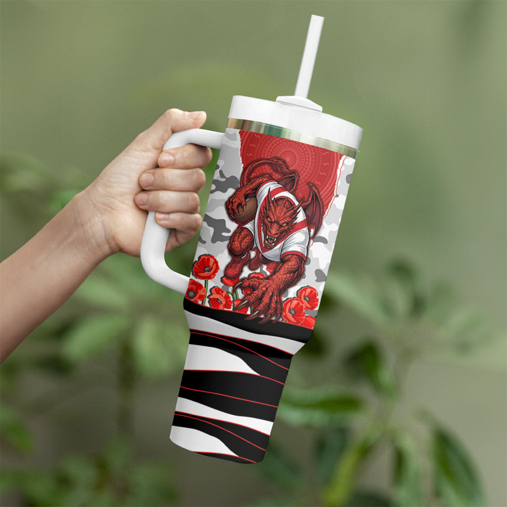 Personalized Dragons ANZAC Tribute Tumbler With Handle Poppy Field Soldier Silhouette Aboriginal Rugby Mascot