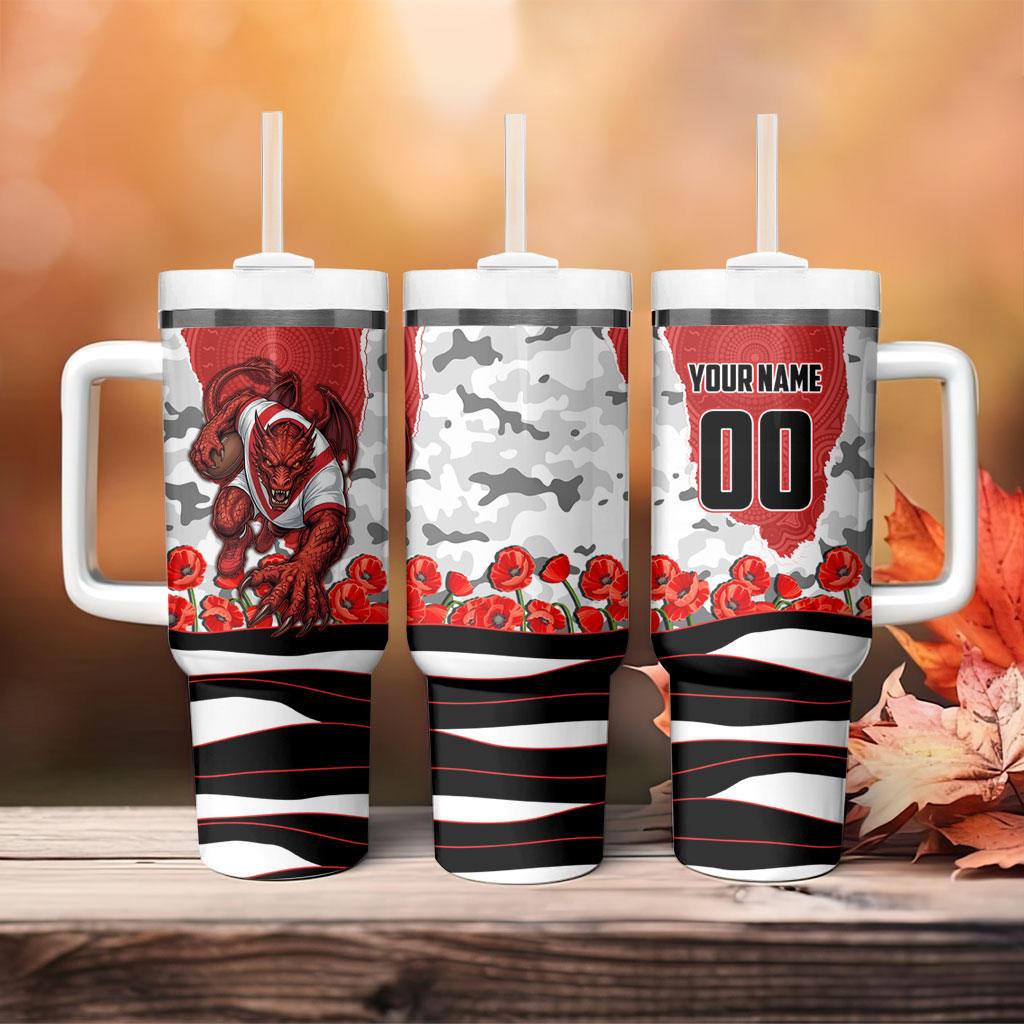 Personalized Dragons ANZAC Tribute Tumbler With Handle Poppy Field Soldier Silhouette Aboriginal Rugby Mascot