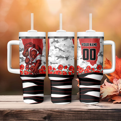 Personalized Dragons ANZAC Tribute Tumbler With Handle Poppy Field Soldier Silhouette Aboriginal Rugby Mascot