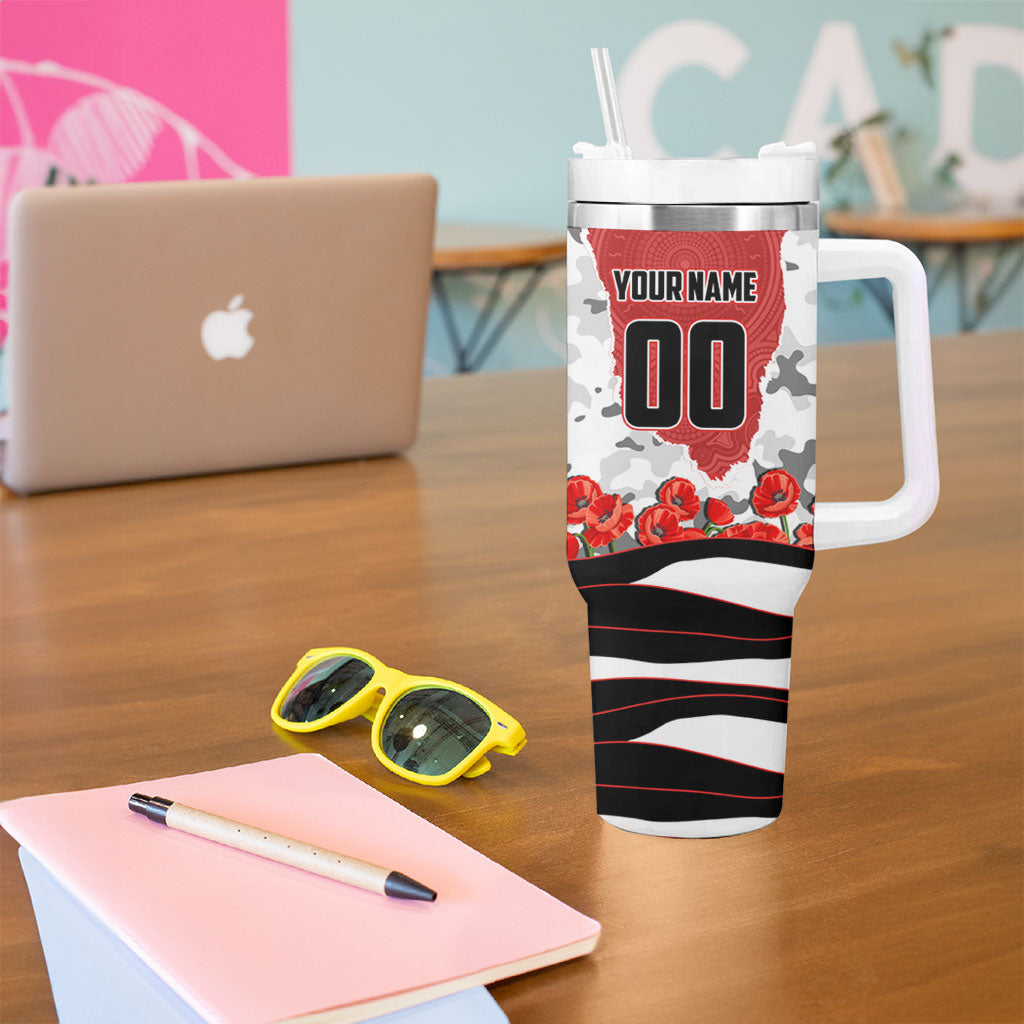 Personalized Dragons ANZAC Tribute Tumbler With Handle Poppy Field Soldier Silhouette Aboriginal Rugby Mascot