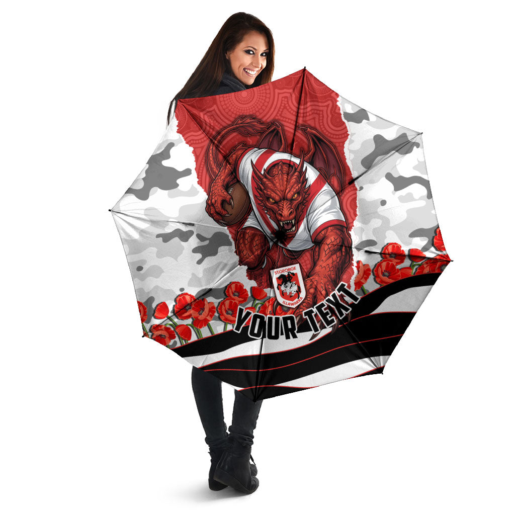 Personalized Dragons ANZAC Tribute Umbrella Poppy Field Soldier Silhouette Aboriginal Rugby Mascot