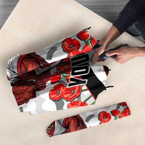 Personalized Dragons ANZAC Tribute Umbrella Poppy Field Soldier Silhouette Aboriginal Rugby Mascot