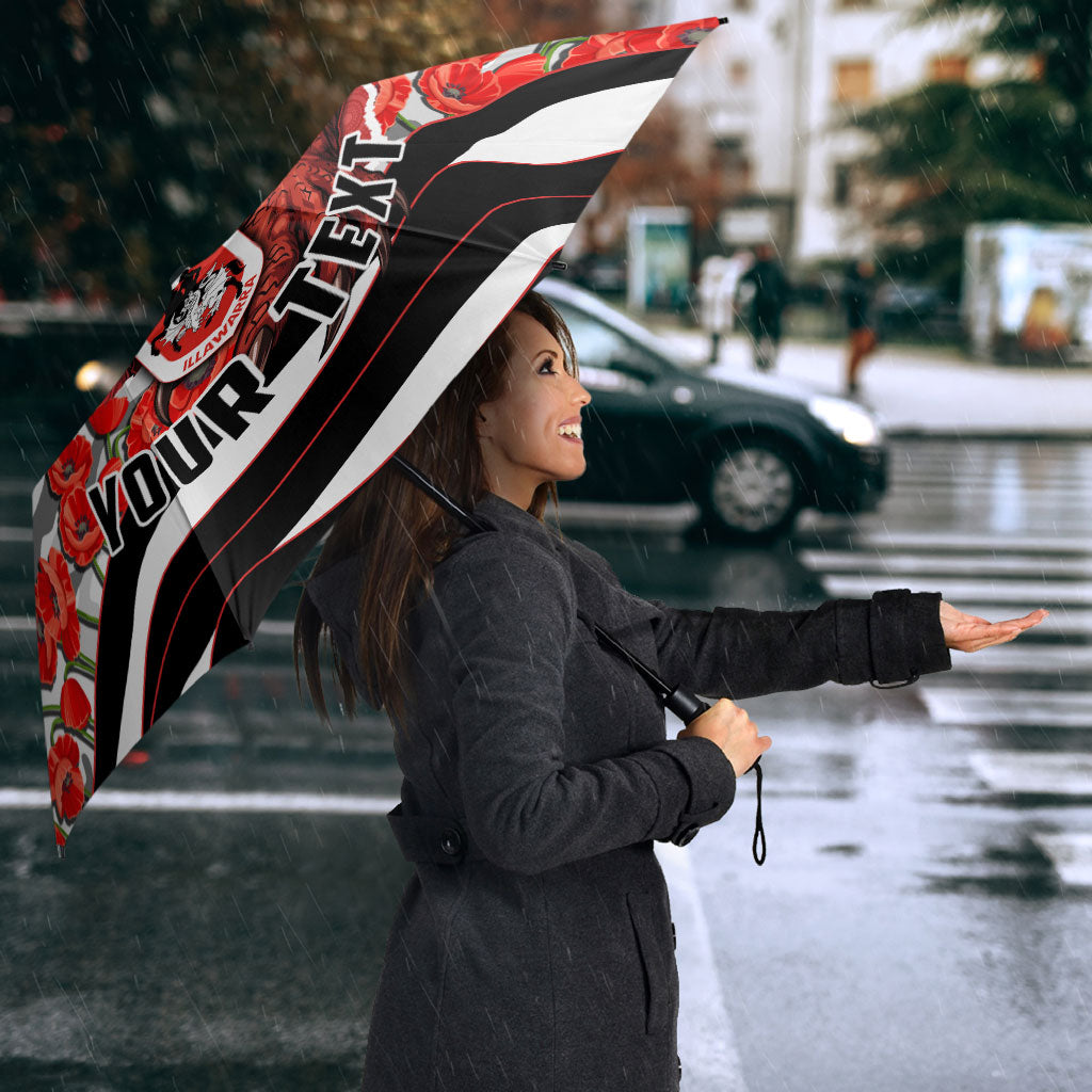 Personalized Dragons ANZAC Tribute Umbrella Poppy Field Soldier Silhouette Aboriginal Rugby Mascot