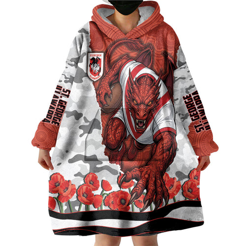 Personalized Dragons ANZAC Tribute Wearable Blanket Hoodie Poppy Field Soldier Silhouette Aboriginal Rugby Mascot