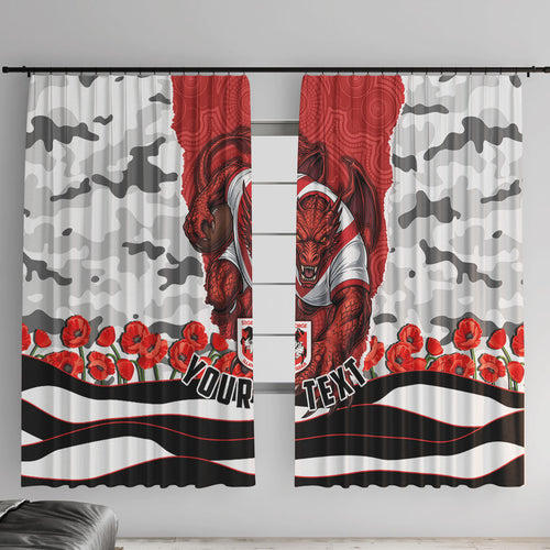 Personalized Dragons ANZAC Tribute Window Curtain Poppy Field Soldier Silhouette Aboriginal Rugby Mascot