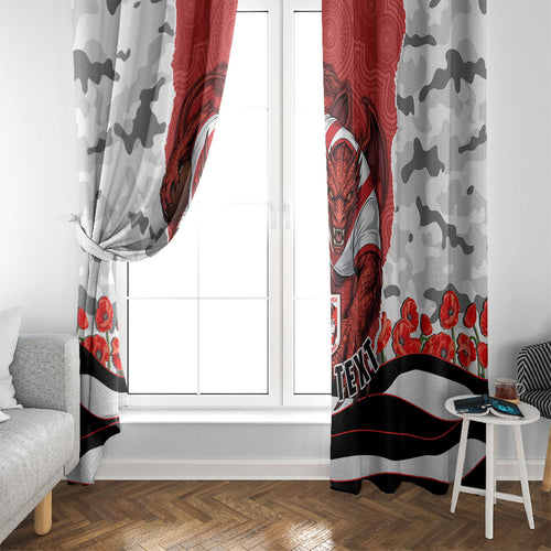 Personalized Dragons ANZAC Tribute Window Curtain Poppy Field Soldier Silhouette Aboriginal Rugby Mascot