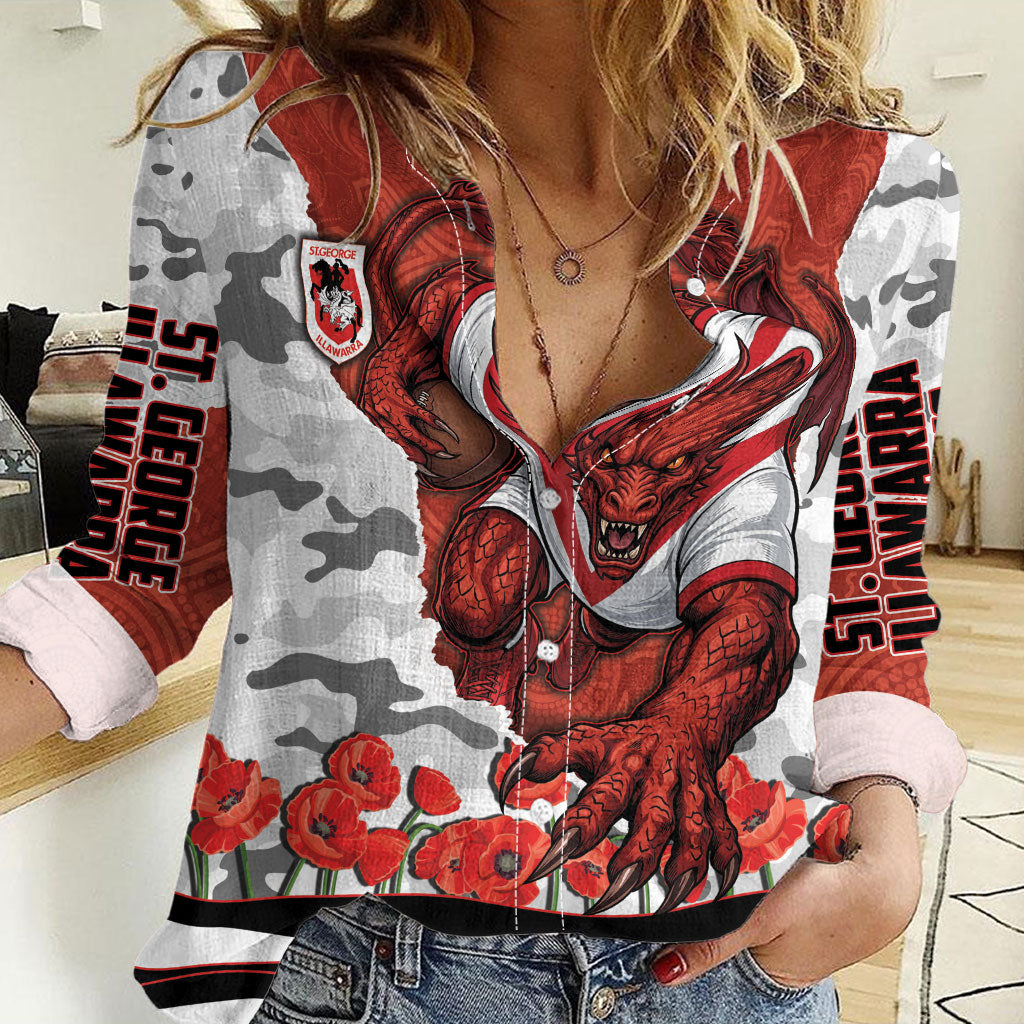 Personalized Dragons ANZAC Tribute Women Casual Shirt Poppy Field Soldier Silhouette Aboriginal Rugby Mascot