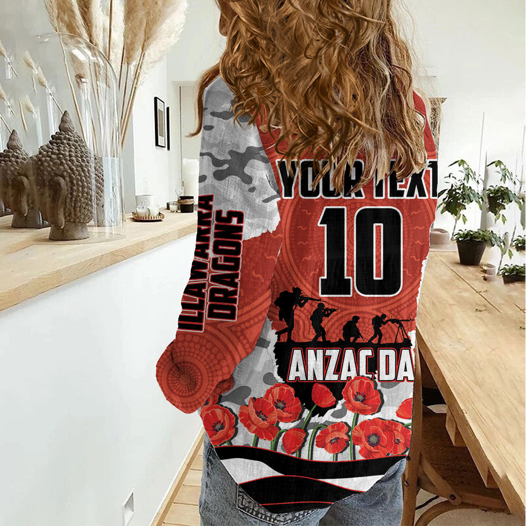 Personalized Dragons ANZAC Tribute Women Casual Shirt Poppy Field Soldier Silhouette Aboriginal Rugby Mascot