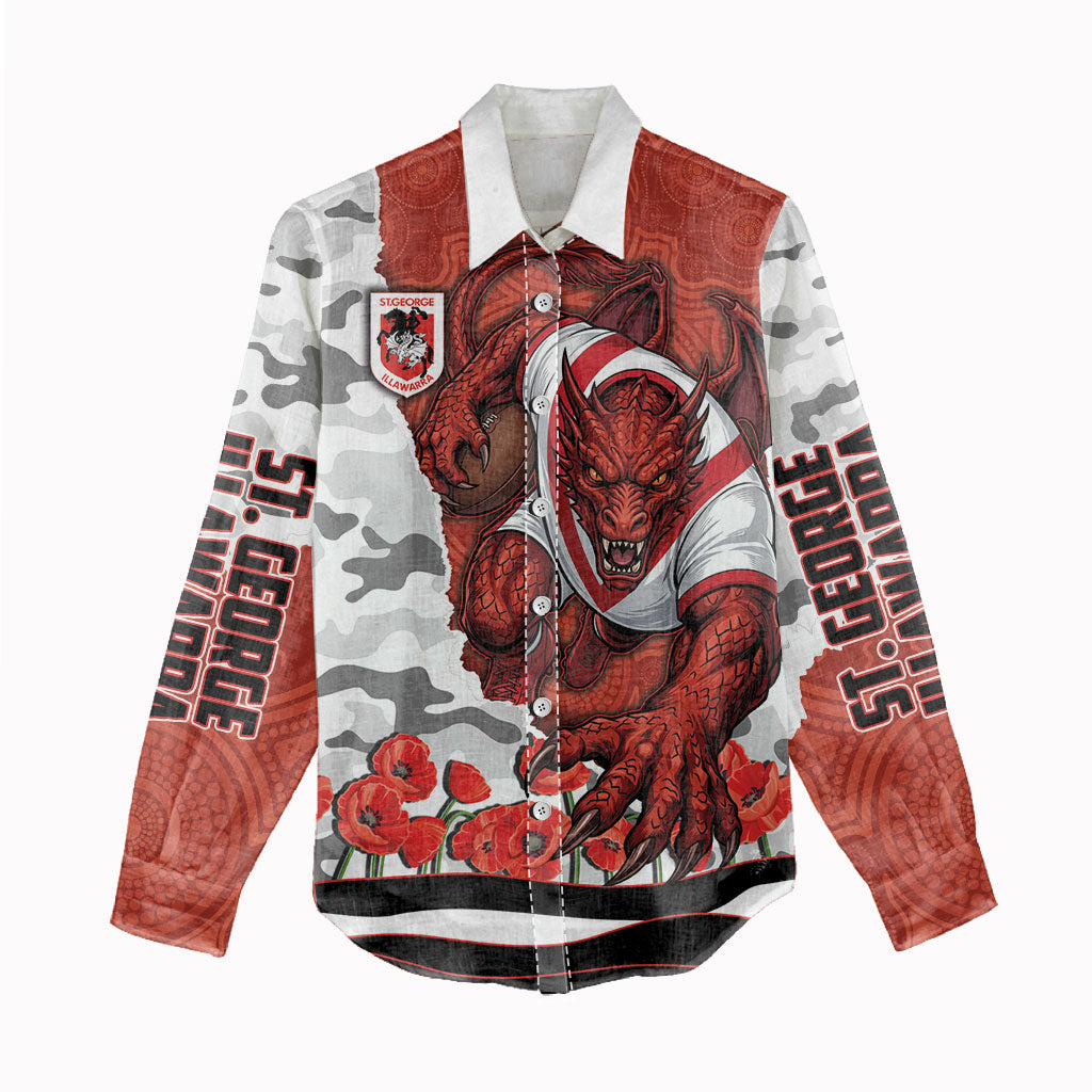 Personalized Dragons ANZAC Tribute Women Casual Shirt Poppy Field Soldier Silhouette Aboriginal Rugby Mascot